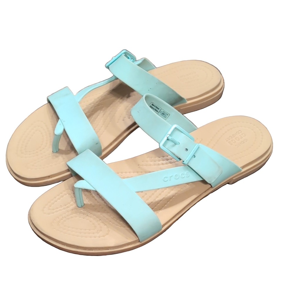 Crocs Tulum Toe Post Sandals Women's Size 10 Light Blue Tan Strappy Comfort